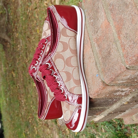 Coach Brodi Signature Tan Canvas and Burgandy Patent Sneakers Size 8 (2103) - Picture 3 of 9